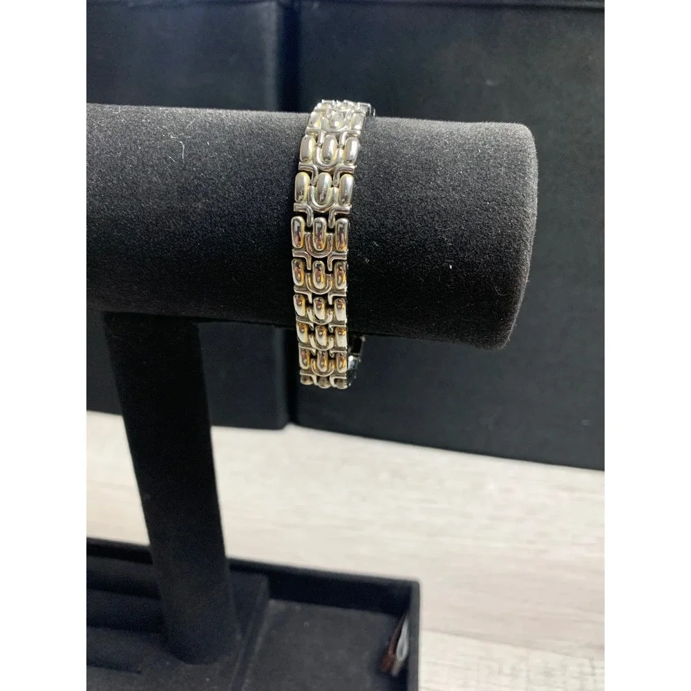 Two Tone Panther Link Bracelet Silver Gold Tone Fold Over Clasp 7 Inch Vintage
